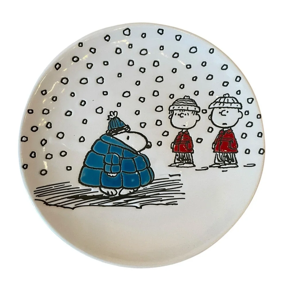 Peanuts Snoopy in Puffer Jacket Snow Appetizer Plates 6in Set of 4 Ceramic NEW